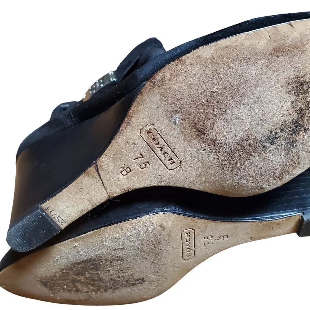 Coach Letty Suede Ankle Wedge Heel Boots Bootie Metal Logo Black Womens‎ 7.5 B
